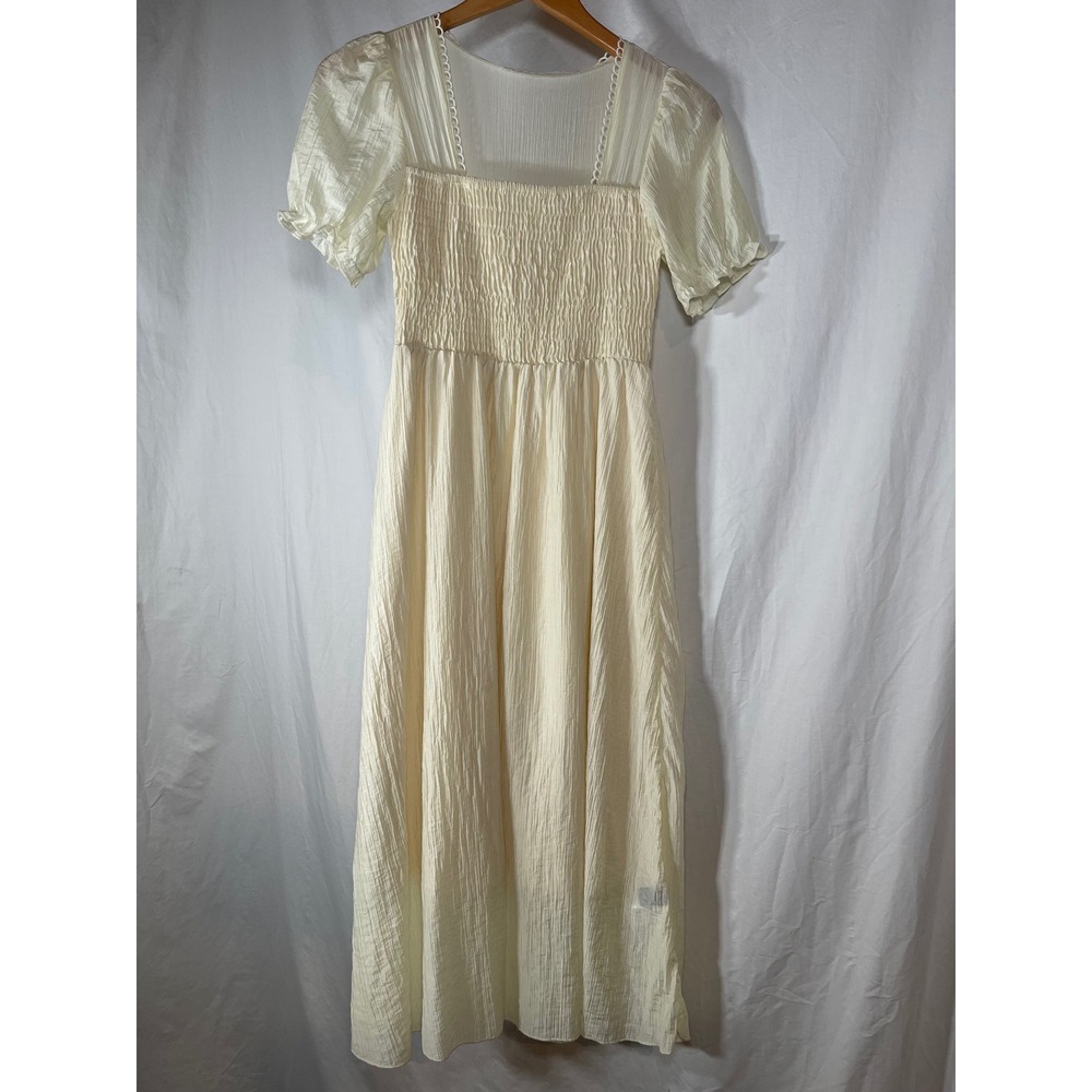 Dazy Women Cream Smocked Midi Dress Puff Sleeve Cottagecore Square Neck Small